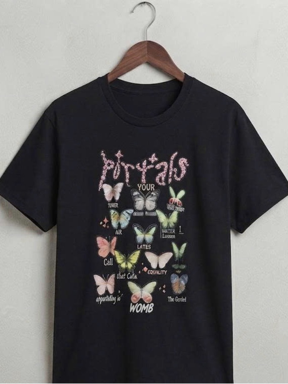 Black Short Sleeve Tee with Multicolor Butterfly Graphic
